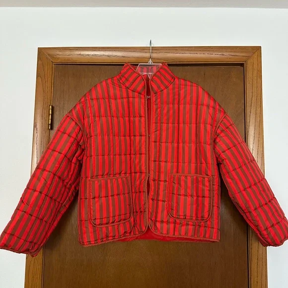 Red and Brown Striped Puffer Jacket - Picture 1 of 8